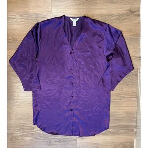 Romantic Moods Purple Satin Sleep Shirt Long Sleeve Button Front Nightgown L